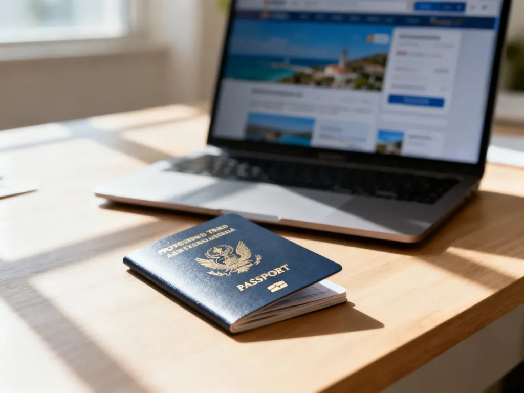 Paszport leżący na biurku obok laptopa z otwartą stroną rezerwacji lotu, przygotowany do zakupu biletu Ryanair.