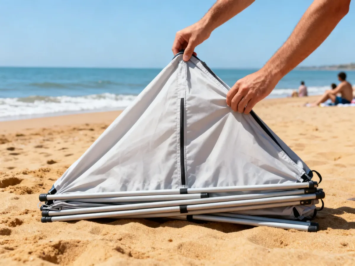 Składanie prostego namiotu plażowego krok po kroku na słonecznej plaży, z widoczną tkaniną i elastycznymi pałąkami.