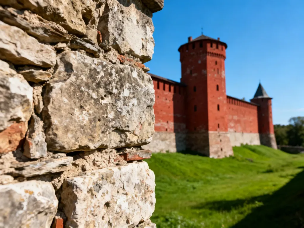 Majestatyczna wieża zamku w Malborku na tle błękitnego nieba oraz fragment zabytkowego muru obronnego.