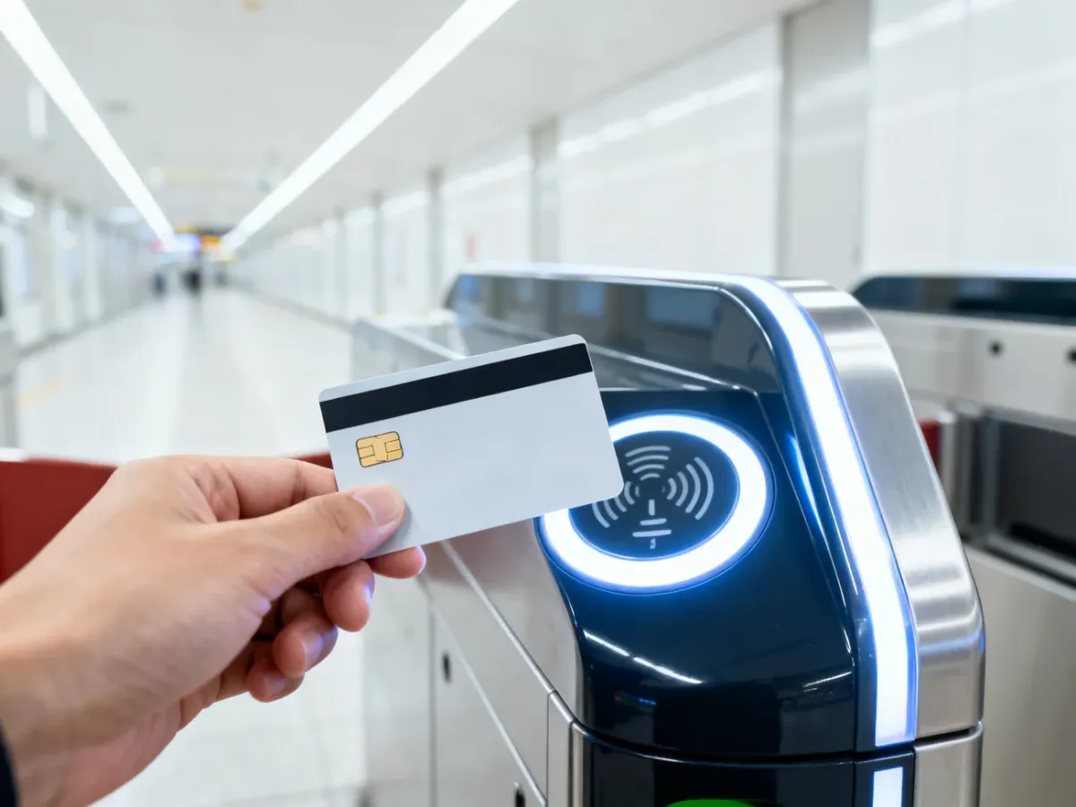 Zbliżenie na kartę płatniczą zbliżeniową przykładaną do czytnika przy bramce wejściowej w tokijskim metrze.