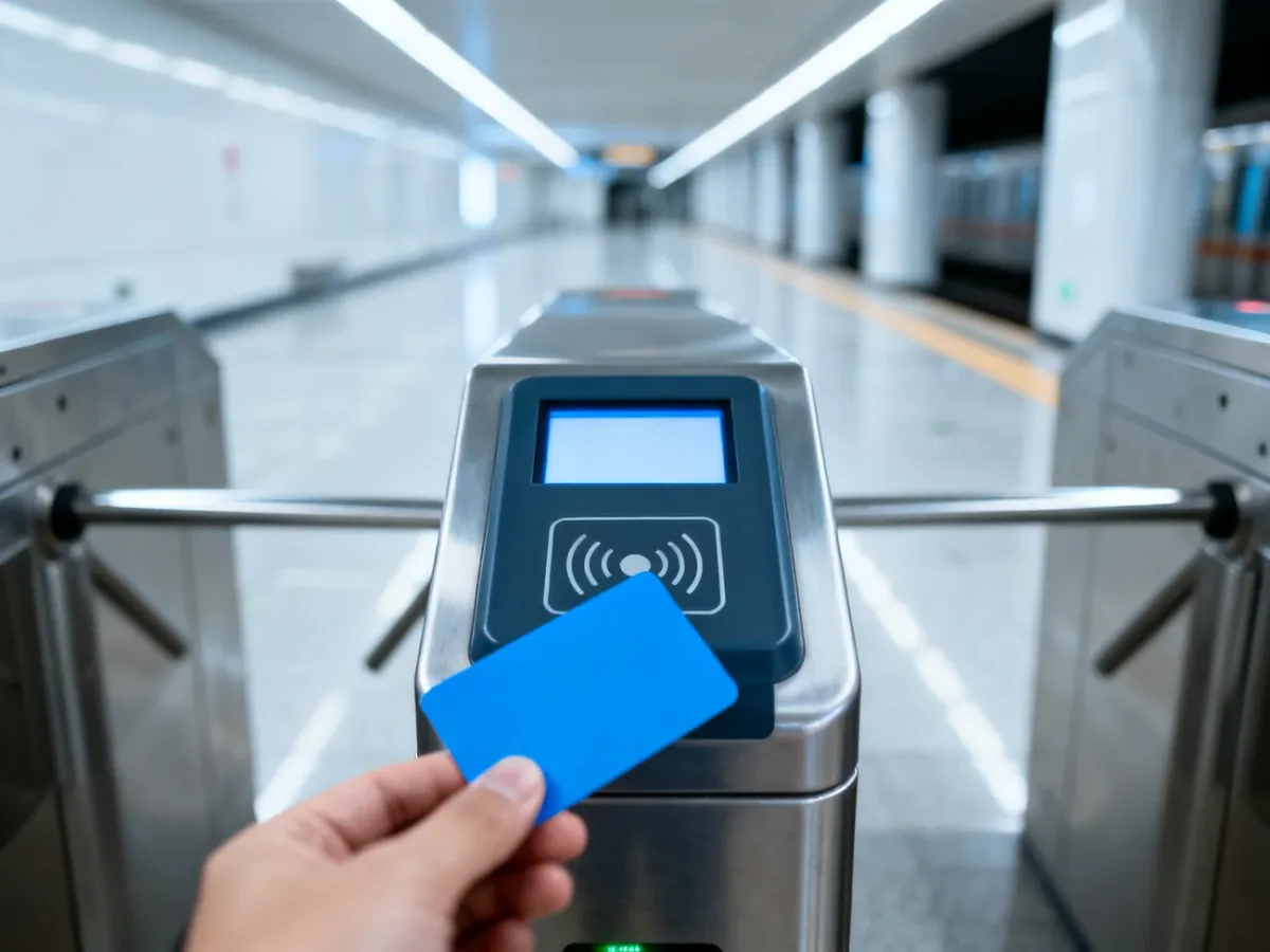 Zbliżenie na nowoczesny kasownik biletów w warszawskim metrze, przy którym pasażer przykłada kartę zbliżeniową.