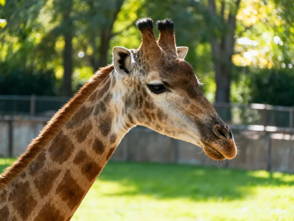 Żyrafa stojąca na wybiegu w Zoo Wrocław w otoczeniu zieleni.