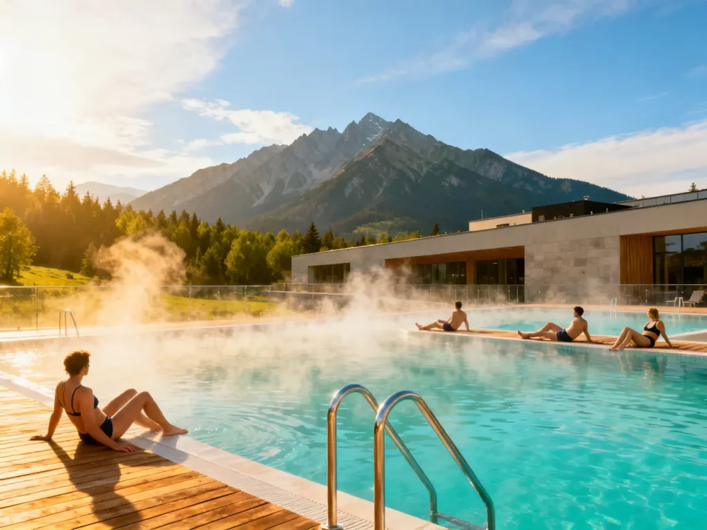 Słoneczny dzień w Termach Chochołowskich, kąpiący się w gorących basenach z widokiem na Tatry i zielony las w tle.