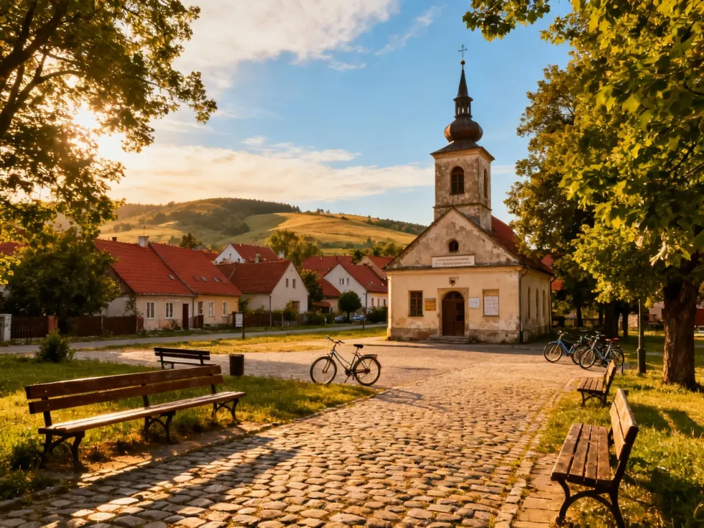 Letni rynek w polskiej wsi z kościołem i ratuszem, znany z planu serialu „Ranczo”, otoczony zielenią i wiejskimi domami.